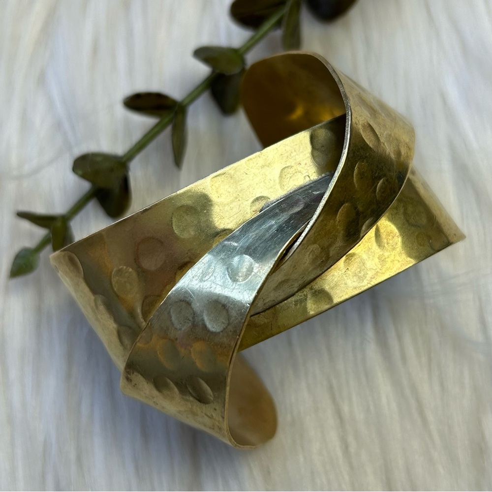 Vintage Brass twist hammered wide cuff bracelet